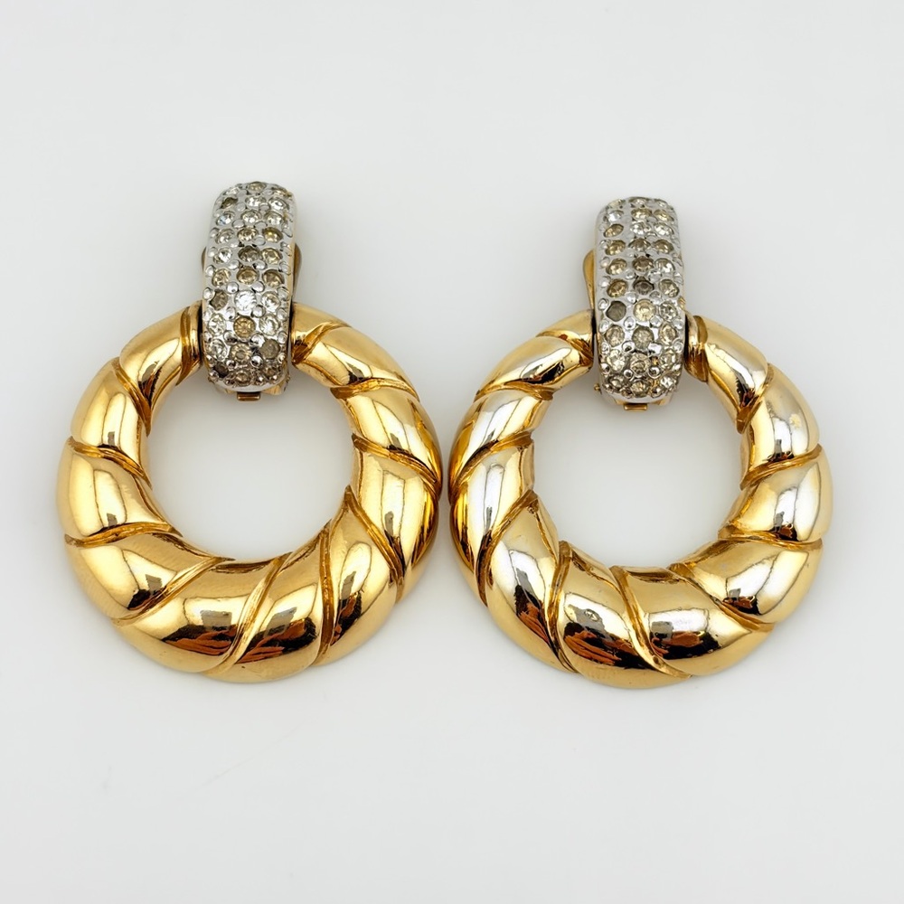 RARE Vintage VOGUE BIJOUX Crystal Embellished Doorknocker Gold Plated Earrings
